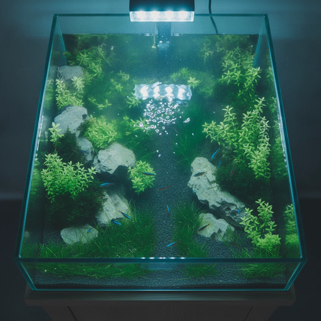 Reflets bleutés sur une surface aquatique épurée en verre