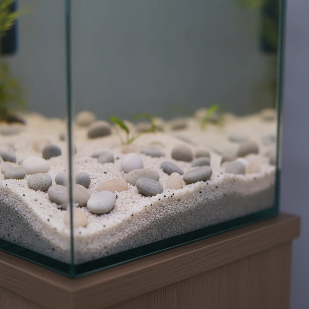 Composition de sable fin et de grains clairs pour le sol d'un aquarium de salon