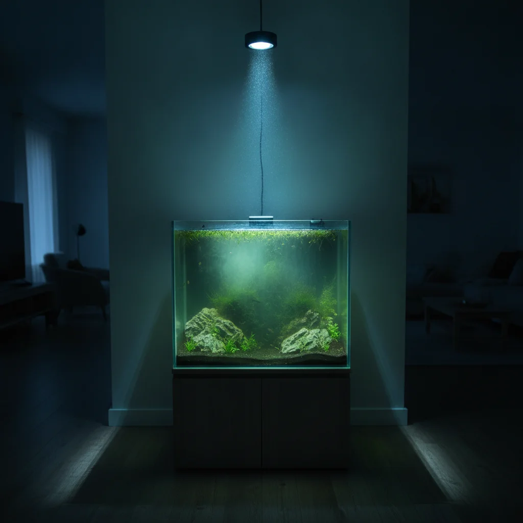 Texture filandreuse verdâtre enveloppant un décor d'aquarium